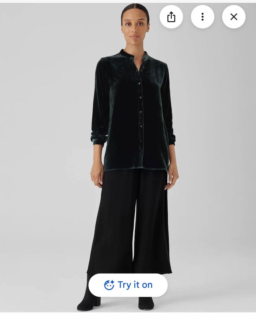 Eileen Fisher Ivy Velvet Silk Blend Band Collar Long Shirt